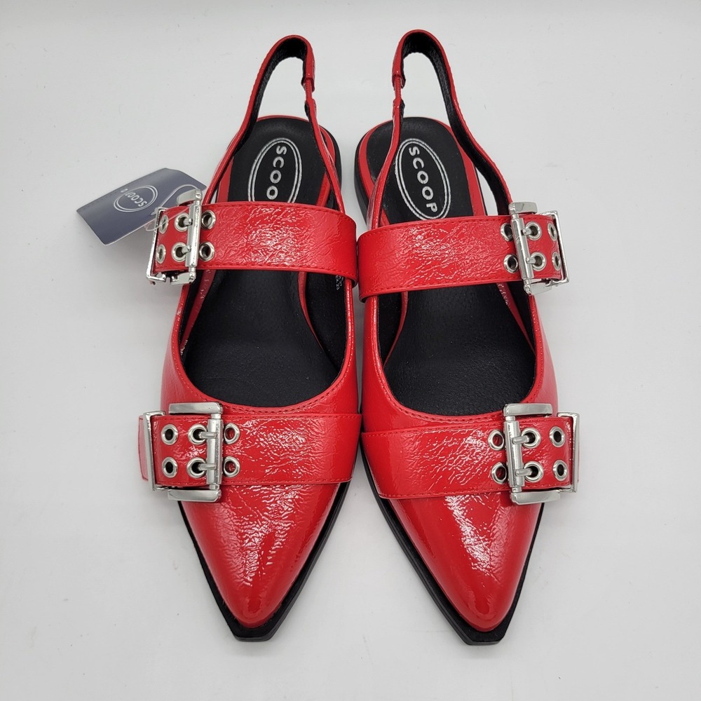 Scoop Womens Red Slingback Ballet Flat Pointed Toe Double Buckle Shoes 6 NEW